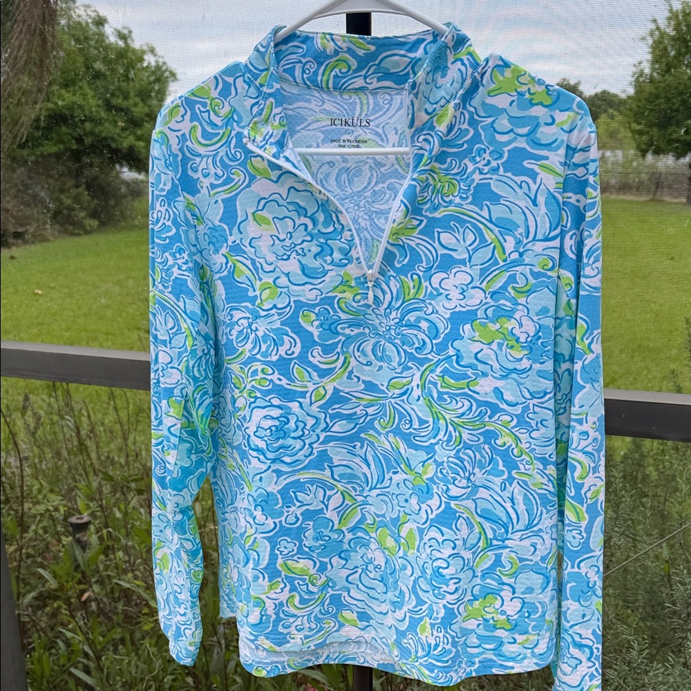 Icikuls Blue Floral Quarter-Zip Long Sleeve performance shirt
